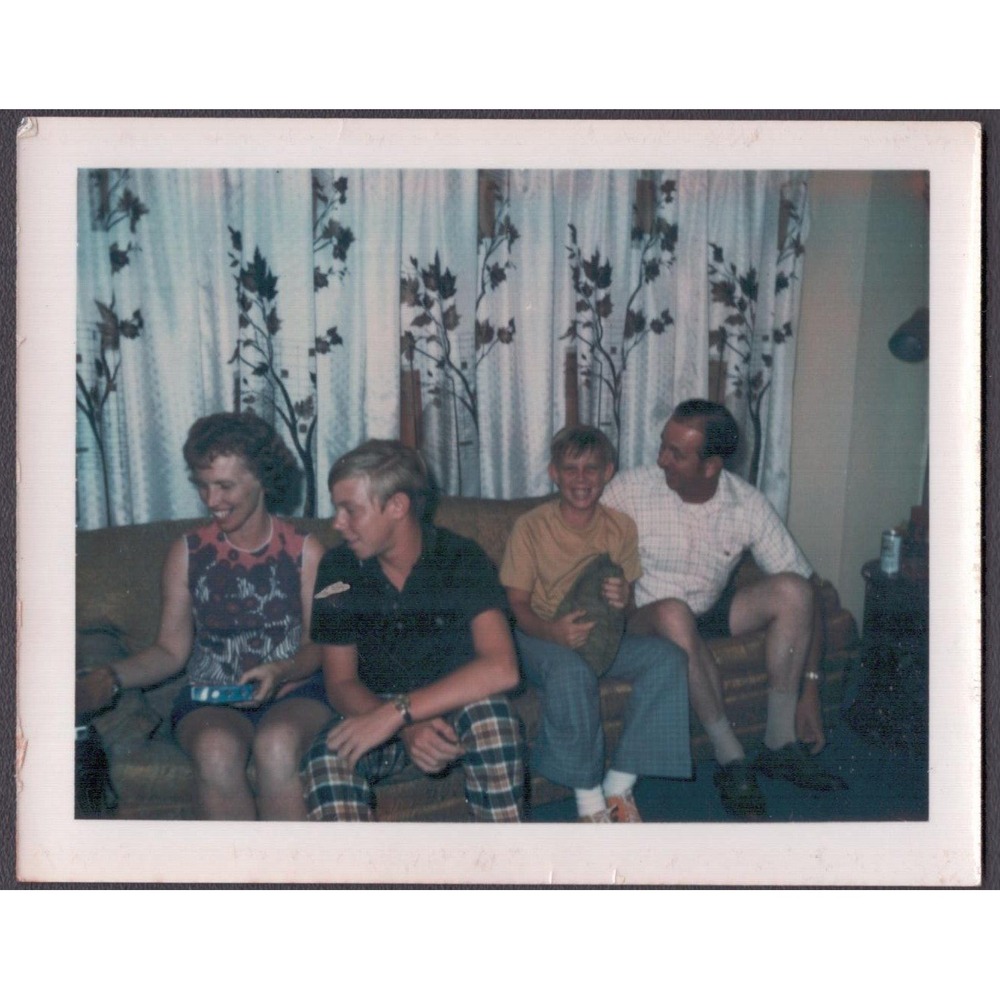 Vintage Color Snapshot Photo Family on Sofa Plaid Pants 1970s Candid
